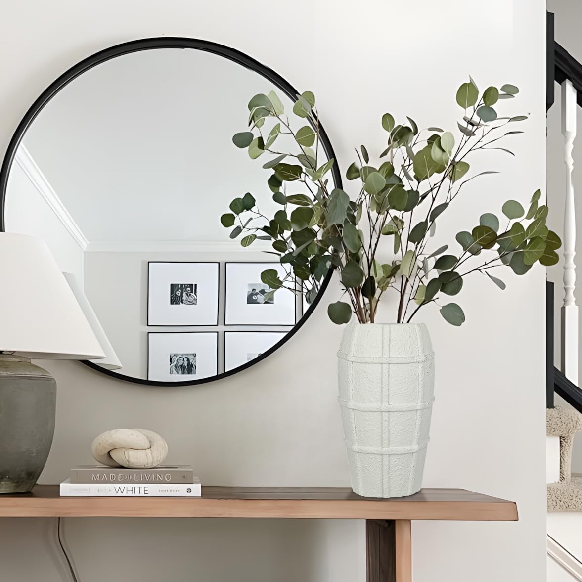 Briful Rustic Terracotta Flower Vase for Home Decor – 9" White Farmhouse Textured Barrel-Style Ceramic Vase Vintage Handcrafted Gridded Design for Faux & Dried Flowers Living Room Table Centerpiece - Image 6