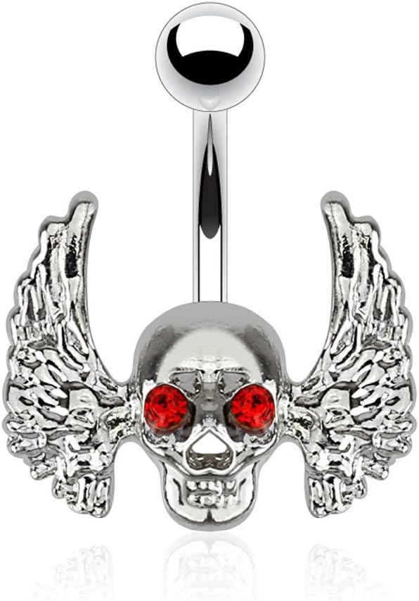 PiercedOff316L Surgical Steel Skull with Red Eyes and Wings Belly Bar - Thickness 14GA (1.6mm) / Length 10mm / Top Ball 5mm and Skull Size is 16mm x 13mm