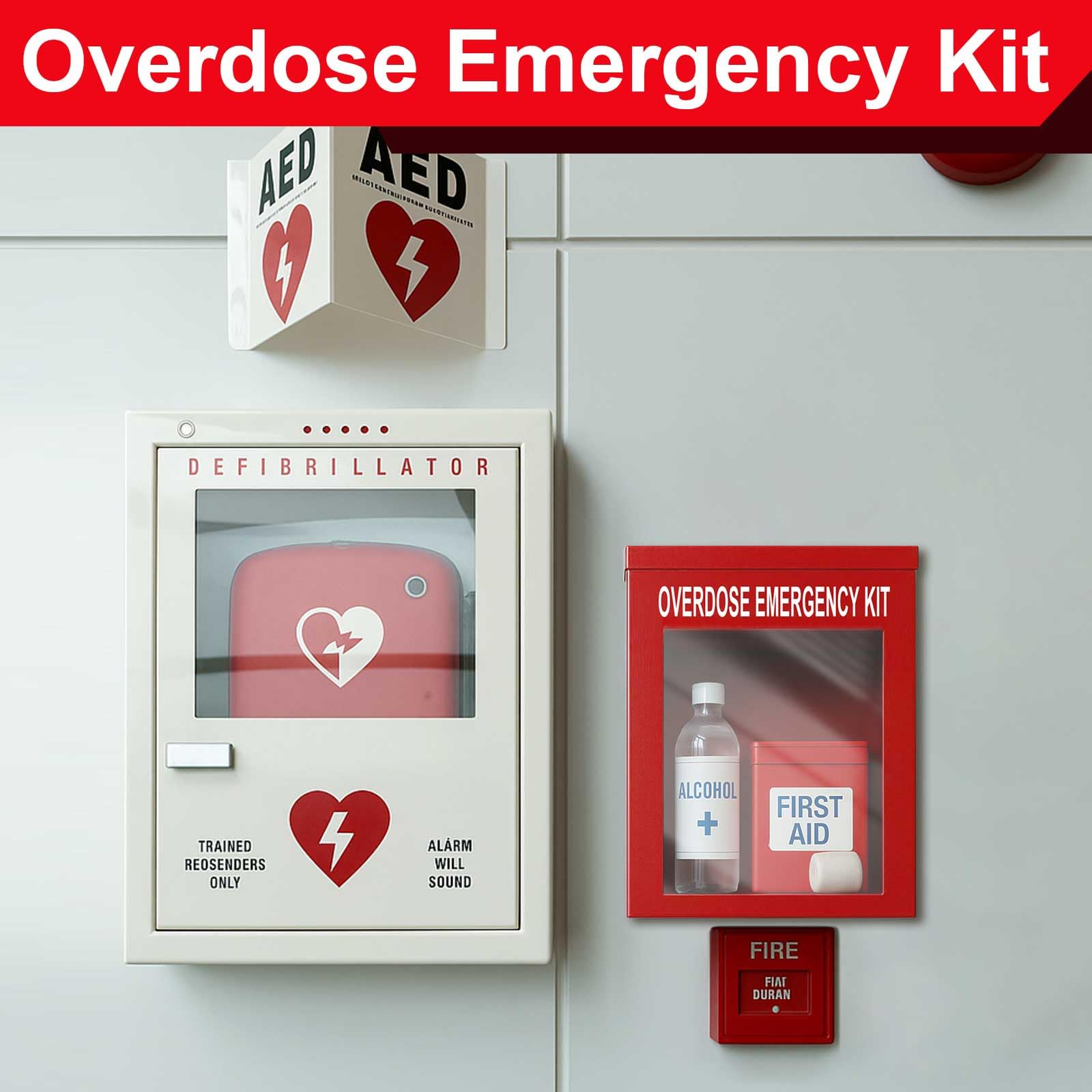 Zonon Naloxone - Kit per overdose da 4 pezzi, montaggio a parete, non bloccabile, in caso di scatola di emergenza, overdose da oppiacei, con finestra in acrilico, 18,8 x 23,5 x 8,5 cm, farmaci non