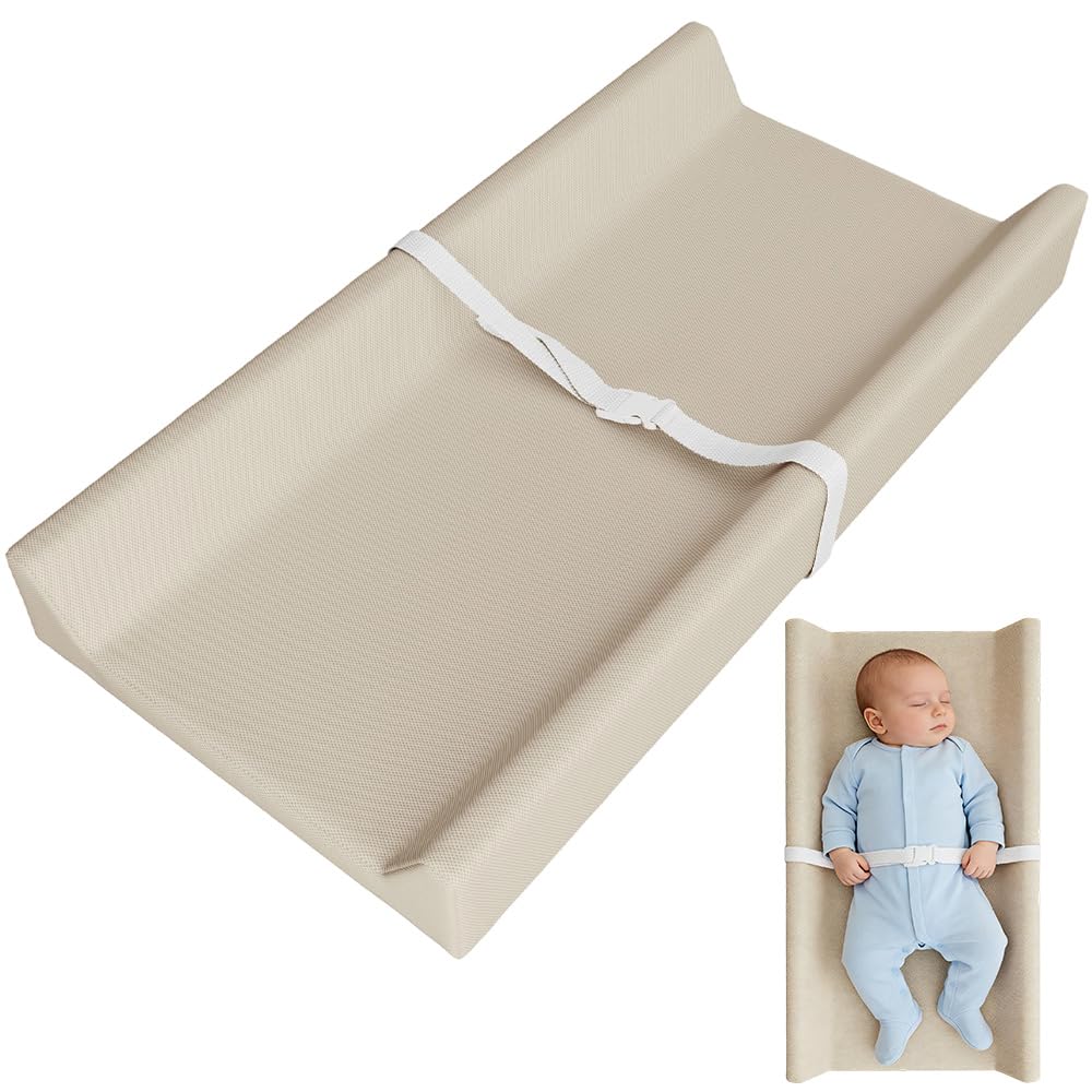 Matelas à langer pour bébé, avec sangle de sécurité, côtés incurvés et bords surélevés, pour commode et table