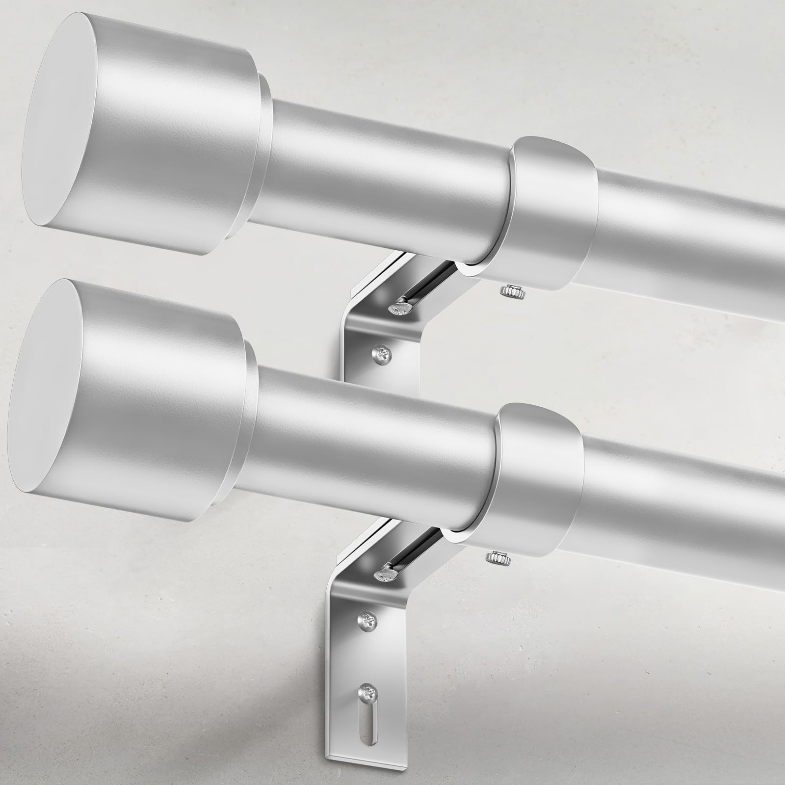 GEEBOBO 2 Pack Silver Curtain Rods for Windows 66 to 120 Inch, 1 Inch Adjustable Heavy Duty Easy Install Curtain Rods Set for Outdoor, Patio,