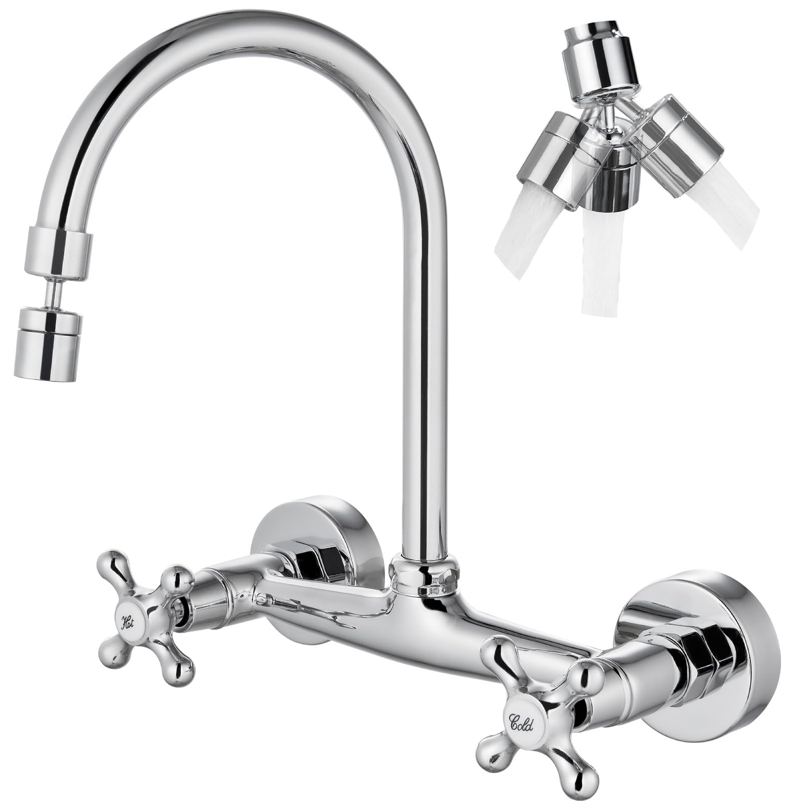 Airuida Chrome Polish Wall Mount Kitchen Sink Faucet 8 Inch Center Double Cross Handles 360 Degree Swivel Spout Kitchen Mixer Tap Commercial