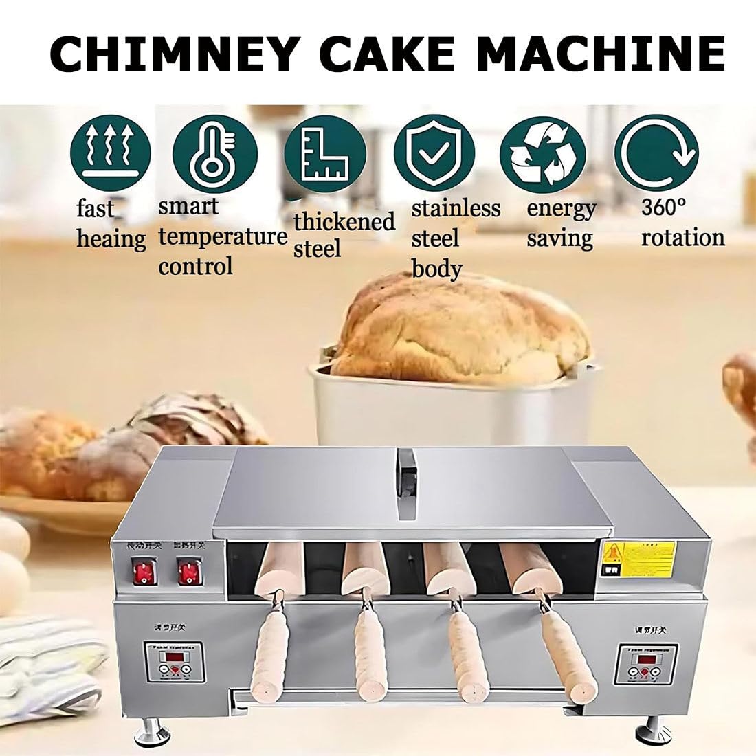 Komercyjny kominowy grill do bułek, elektryczny piec kominowy do bułek o mocy 3000 W, 4 wałki z powłoką zapobiegającą przywieraniu, grill do lodów w rożkach, do użytku domowego i firmowego