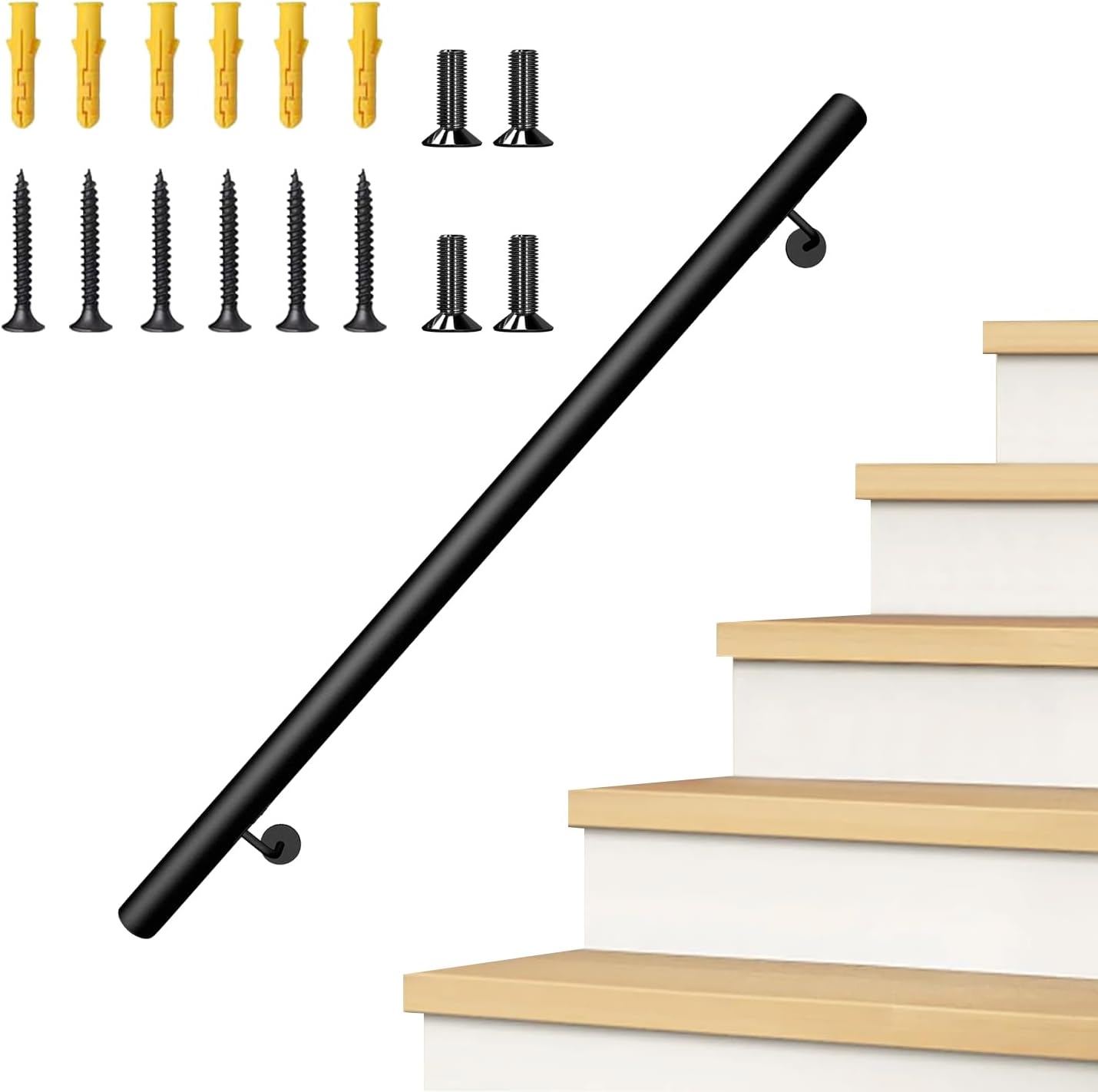 RECTOO 4FT Handrails for Indoor Stairs, Aluminum Stair Railing with 1.5" Pipe, Wall-Mounted Black Staircase Handrail, Powder Coated, 400lbs Load Capacity for Porch, Deck, Stairway, Indoor Outdoor Use