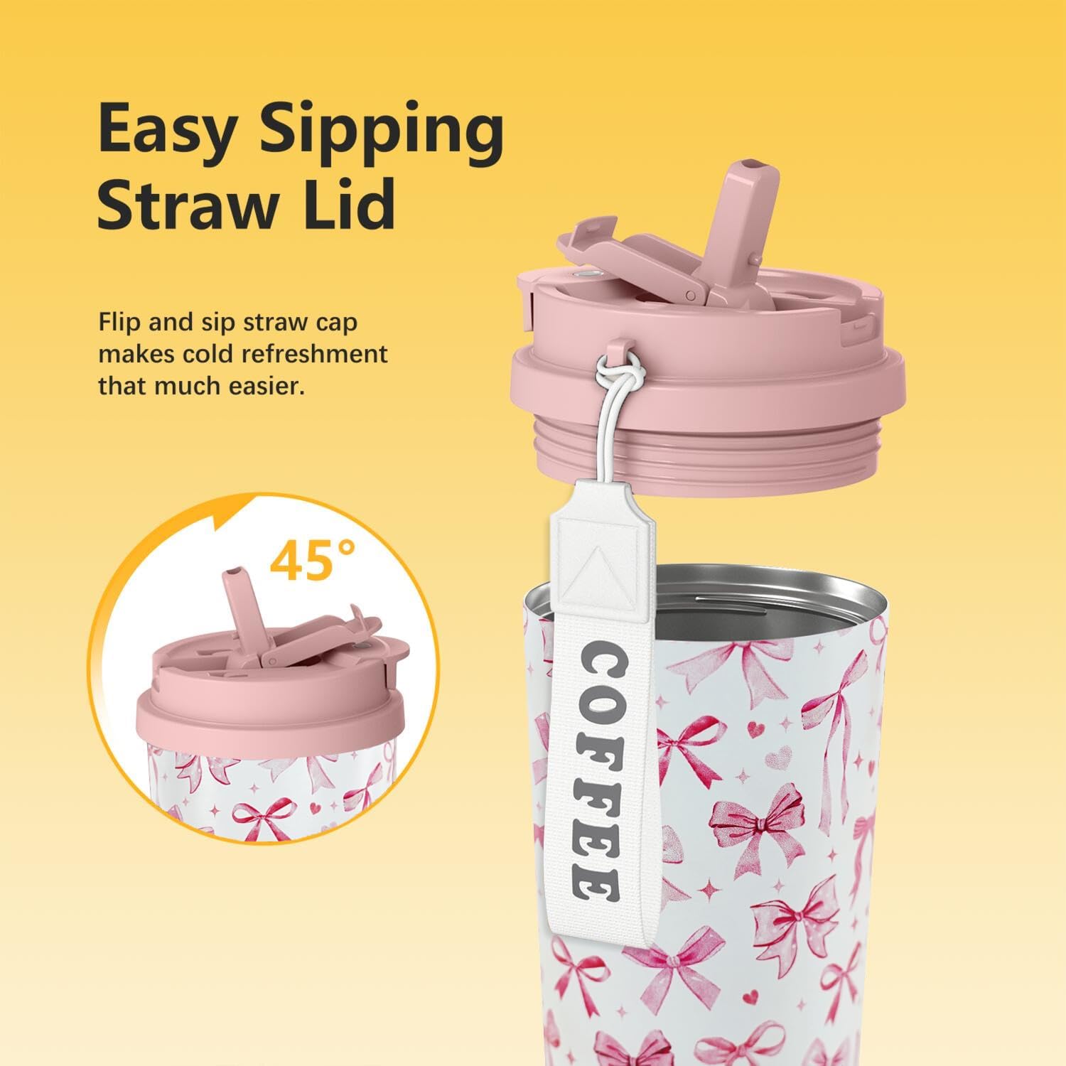 18 oz(530ml) Pink Bow Stainless Vacuum Steel Insulated Coffee Travel Mug Cup Water Bottle Tumbler with Straw,Bow Decor/Accessories for Women - Image 4