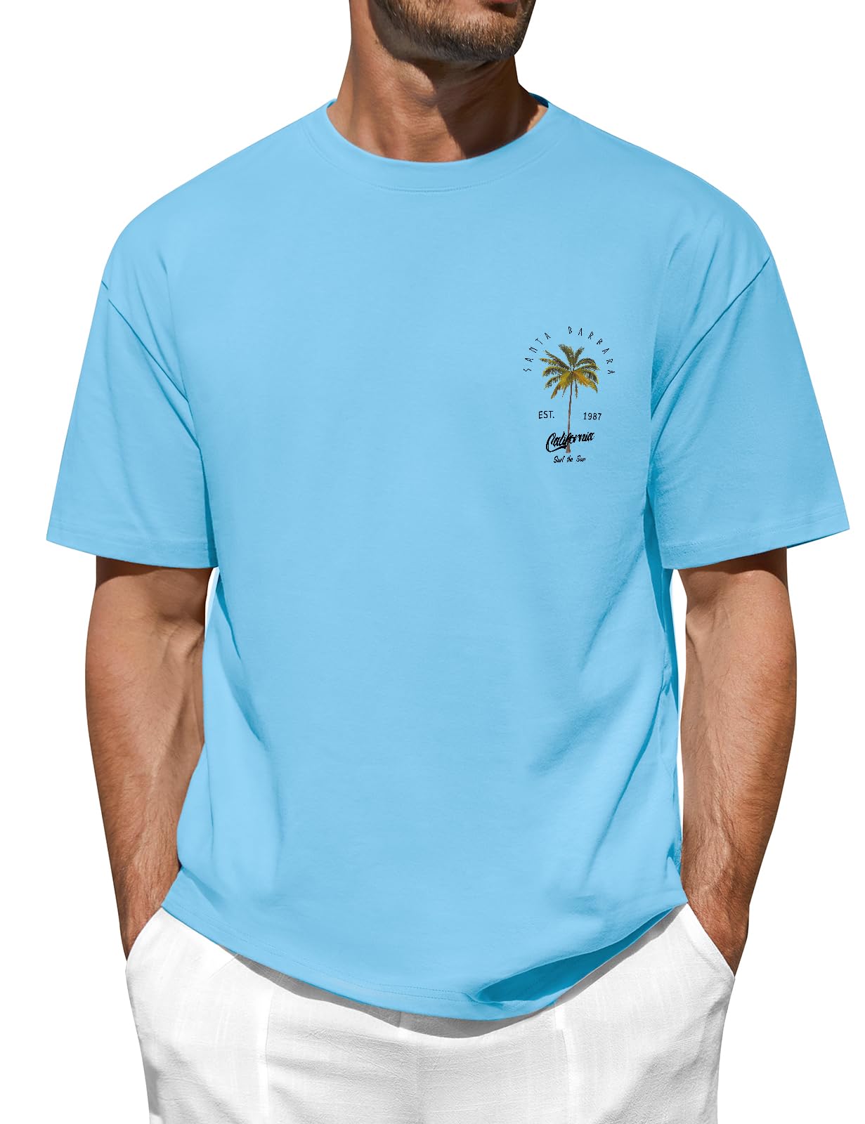 TOMEEK T Shirt Herren Graphik Basic Tshirt Kurzarm Baumwolle Rundhalsausschnitt T-Shirt Palmen Print Sommer Top Sport Kalifornien