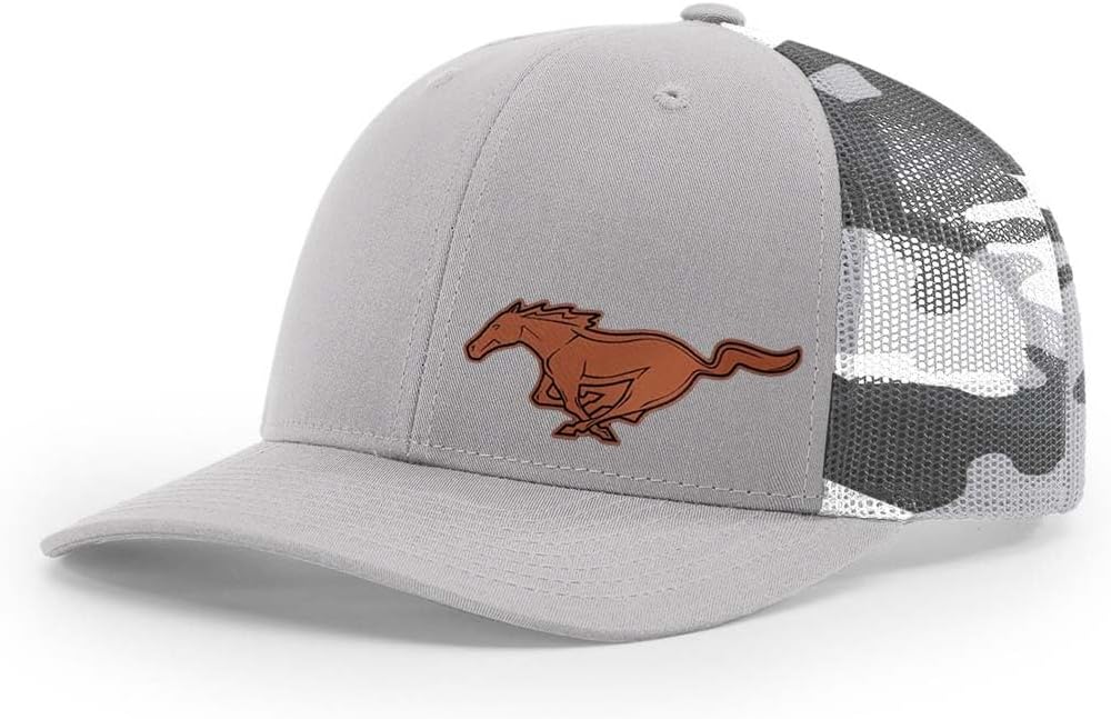 Ford Mustang Running Horse Side Logo Laser Engraved Leather Patch Richardson 112 Snapback Trucker Cap