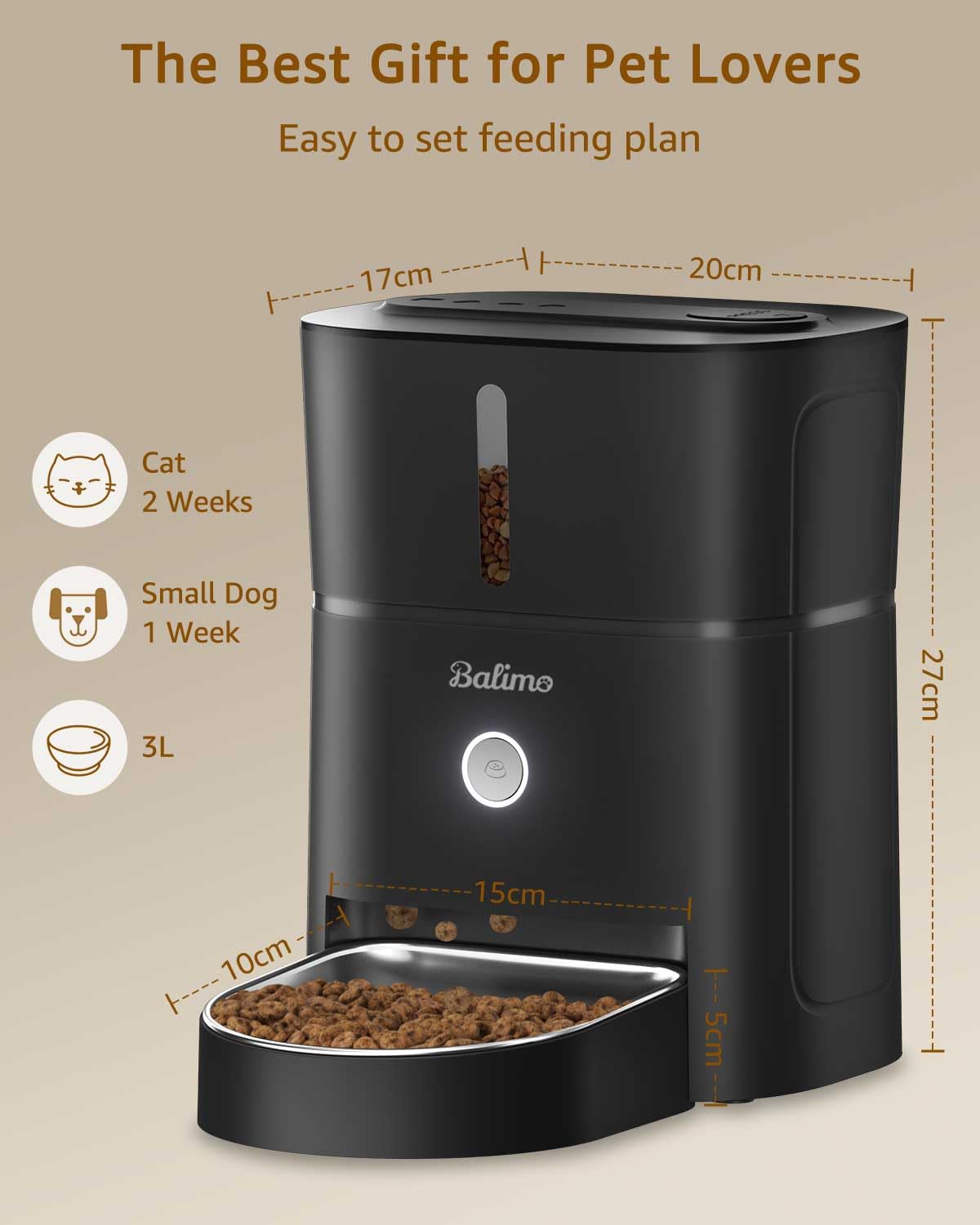 Balimo Distributore Automatico Cibo Gatti, 3L Dispenser Crocchette Gatto, Distributore Cibo Gatticon Timer Programmabile, 1-6 Pasti Giorno, Con Vasca in Acciaio inox, Adatto Per Cani e Gatti, Nero