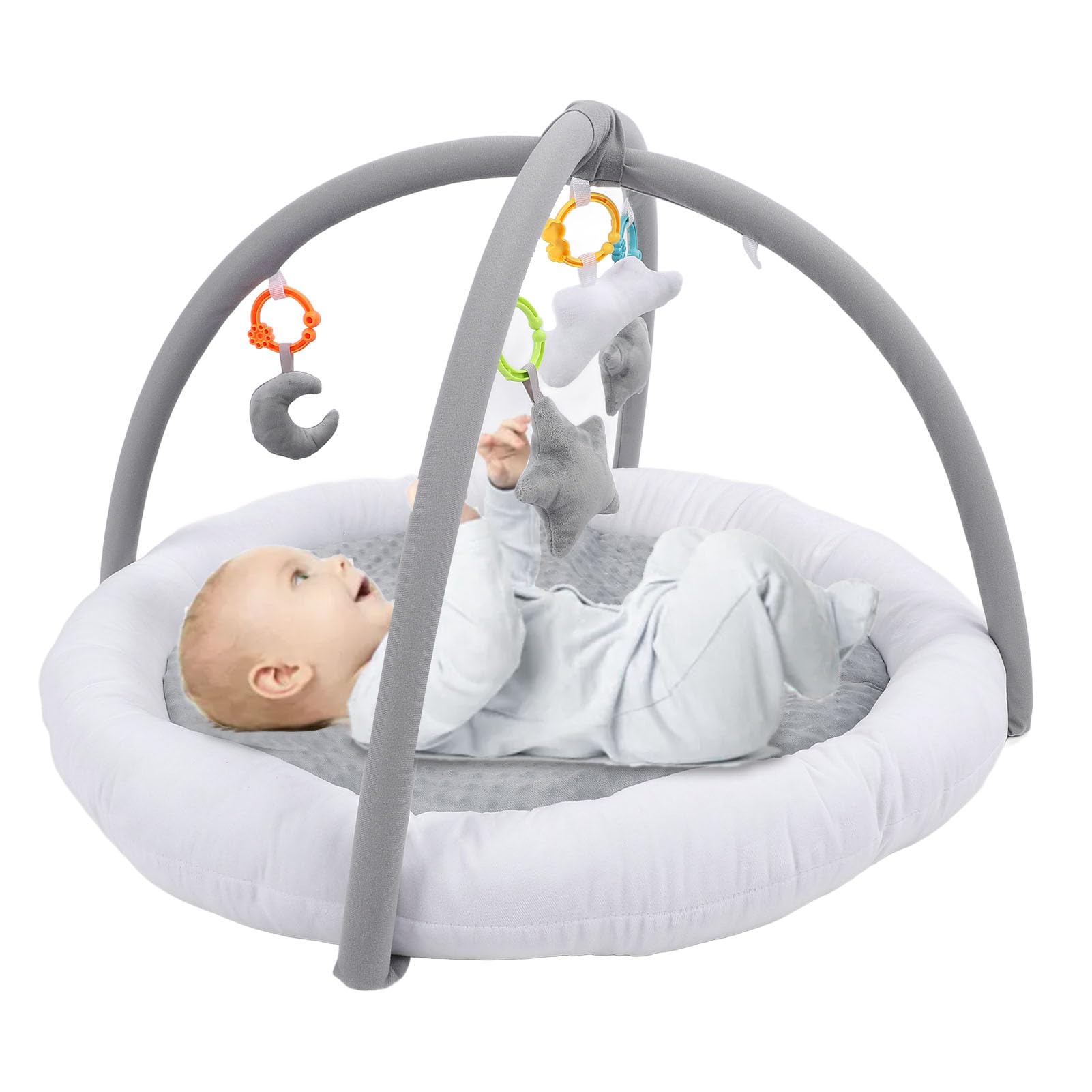 KisdreamPlush Baby Play Gym Mat Sensory Development Thick Soft Cotton Filling Round Shaped Tummy Time Activity Mat with 4 Toys for Infant 0-2 Years Old