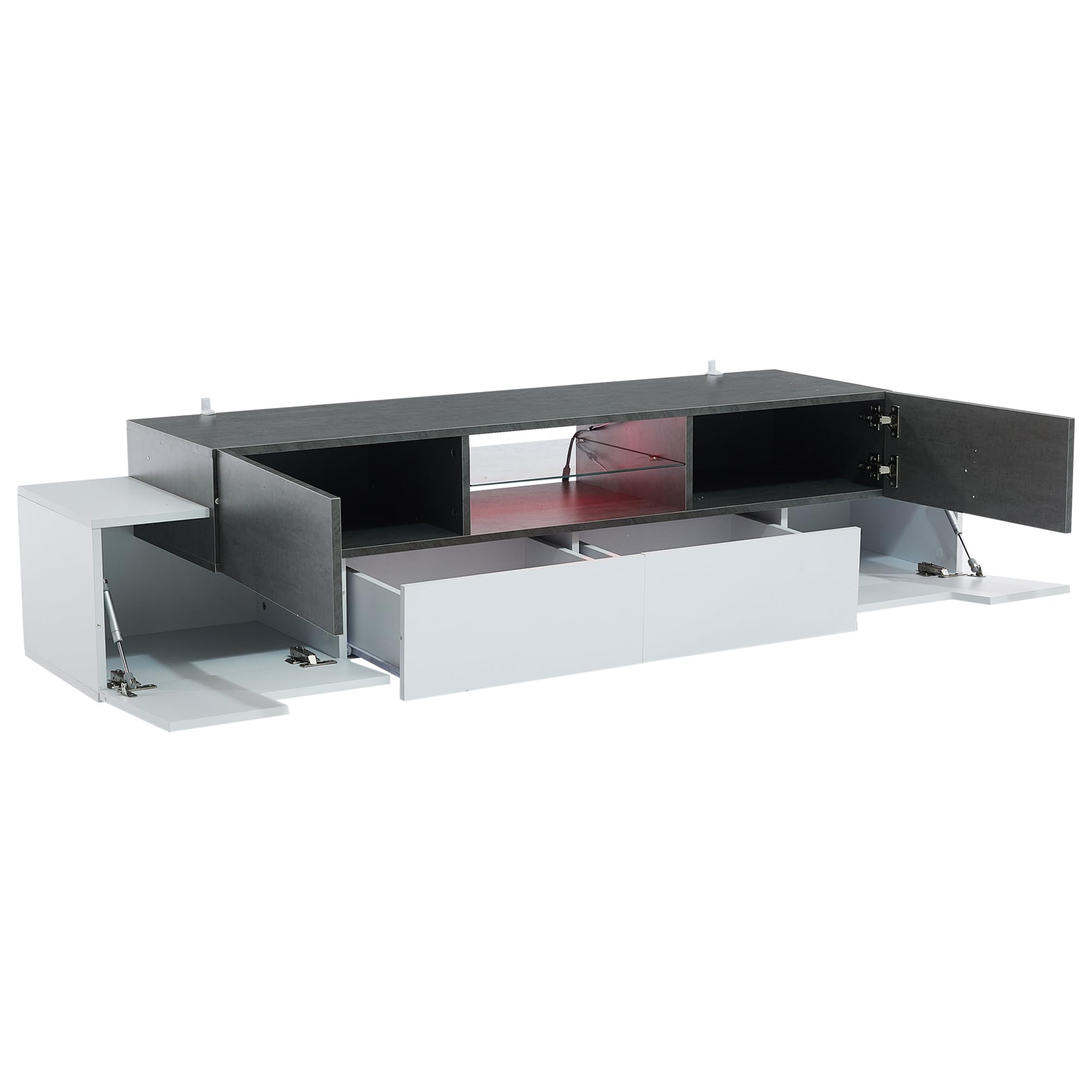 BTM LED TV-Schrank mit Marmoroptik & Glasböden 180x40cm Lowboard für 80-Zoll-TV Gaming Media Center Weiß+Grau, 50kg Tragkraft, App-Steuerung