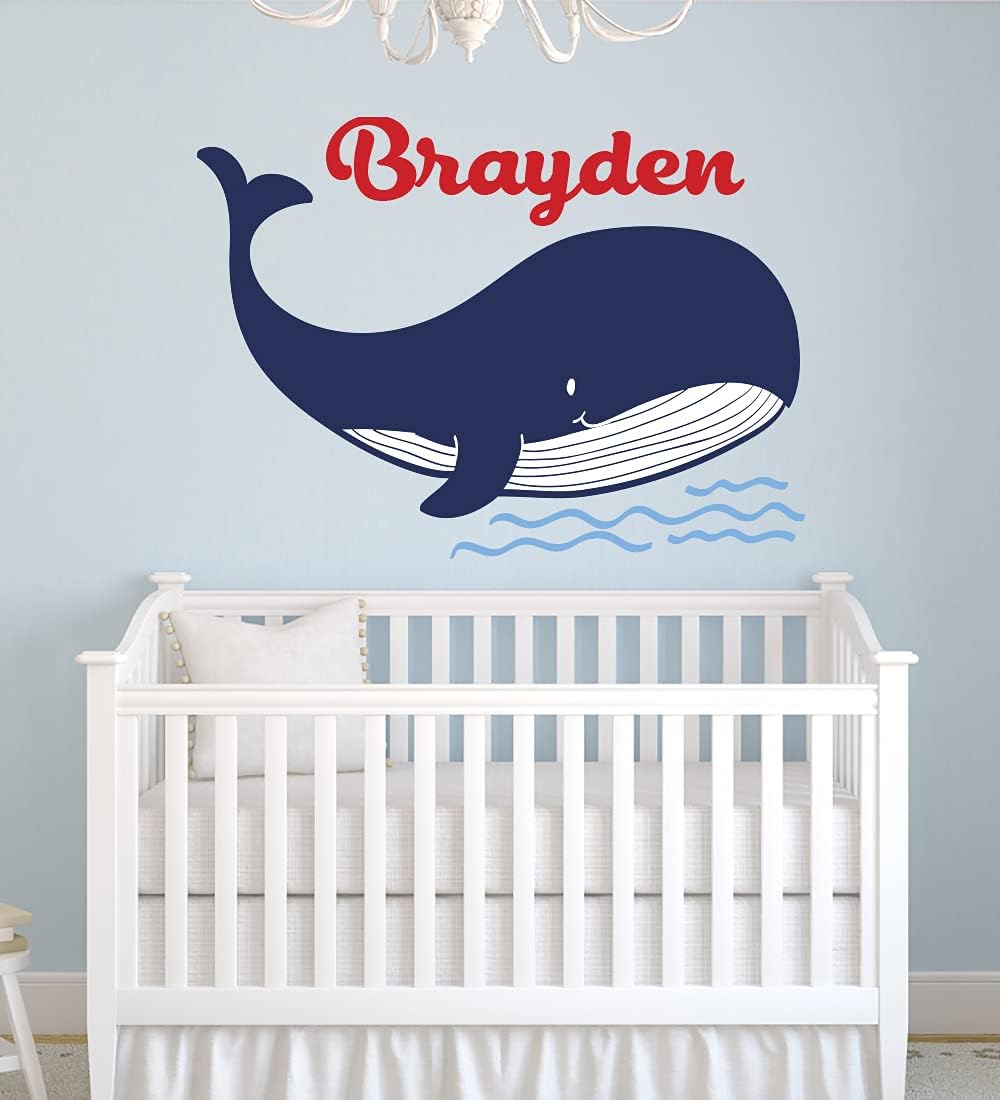 Personalized Name Wall Decals Boys Room Decor Nautical Wall Decals Whale Wall Decal Nursery Decor (32"W x 24"H inches)