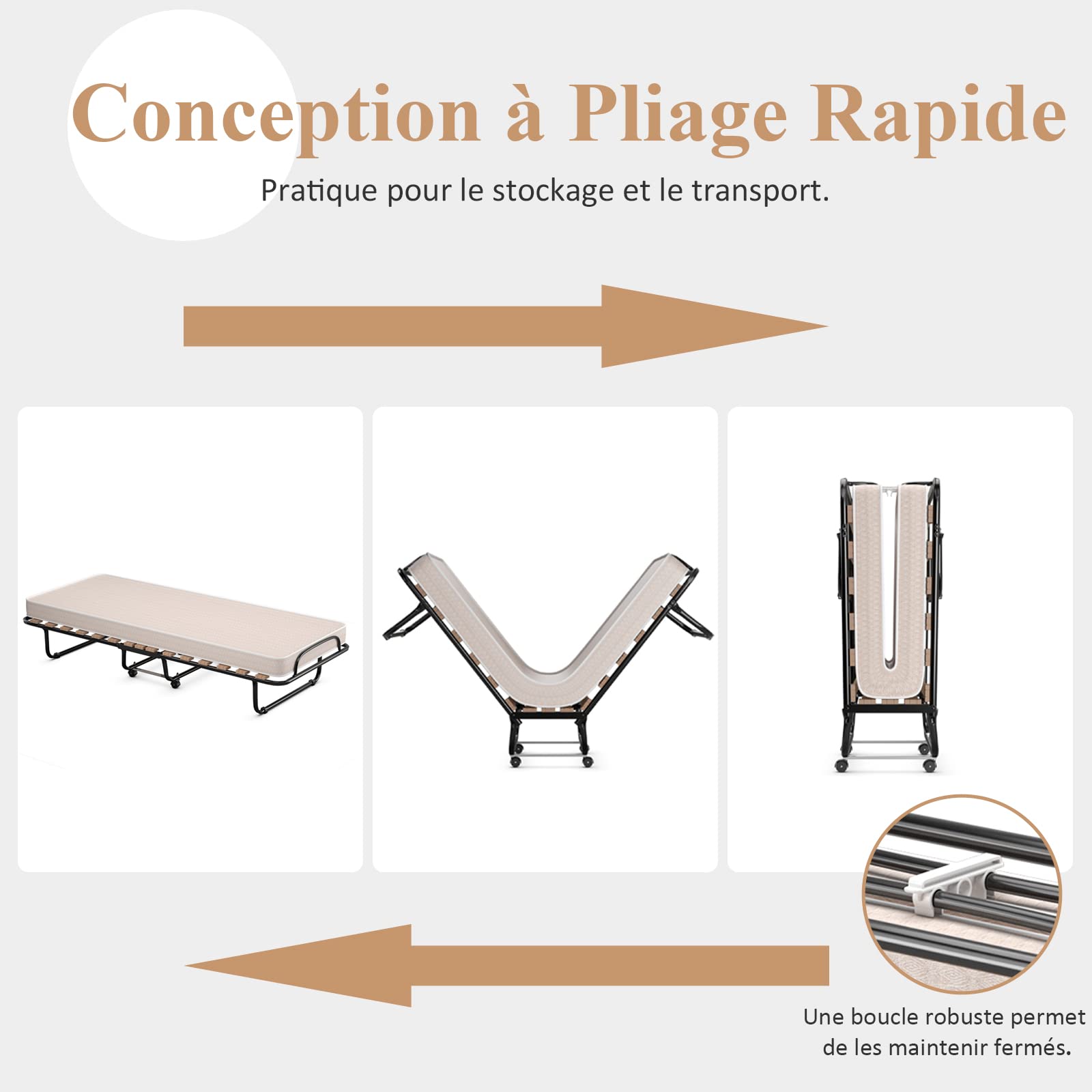 GOPLUS Lit Pliant 1 Personne 80x185CM, Lit Pliant Adulte avec Matelas en Mémoire 6,5 cm Orthopédique,Charge 136KG, Lit Pliable 1 Personne pour Invités et Othopédiques(Beige)