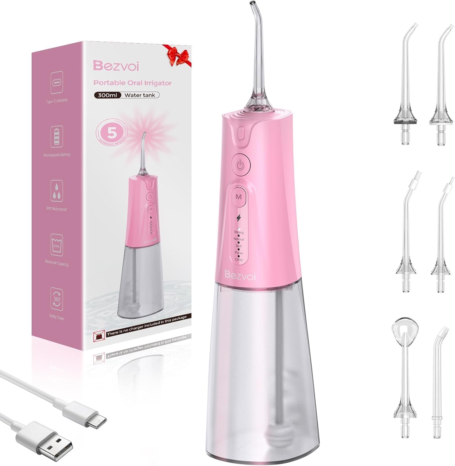 Bezvoi Water Flosser Teeth Pick: 5 Modes Cordless Water Dental Floss 300ML Portable Rechargeable IPX7 Waterproof Electric Water Flossing Cleaning