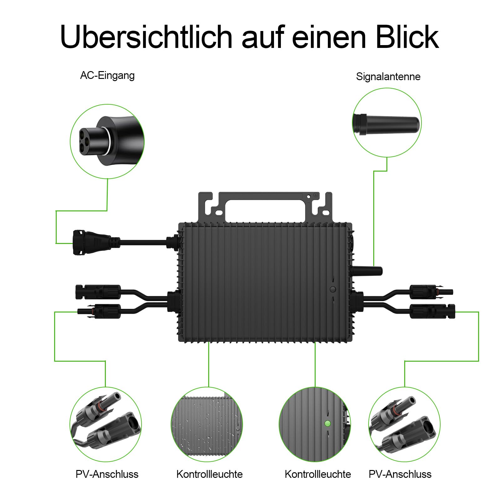 Mikro Wechselrichter 1000W mit 2 MPPT, Balkonkraftwerk，IP67，WLAN | Plug & Play mit 5 m AC-Kabel, bis zu 96 % Wirkungsgrad und App-Steuerung