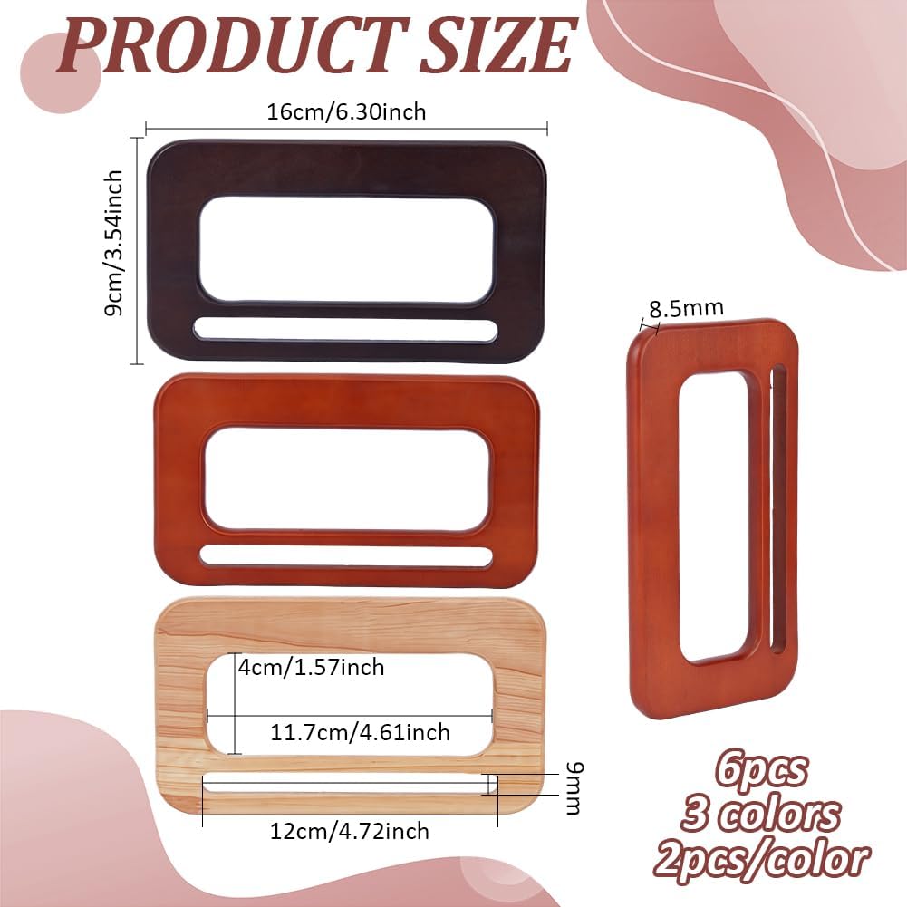 PH PandaHall 6pcs Wooden Bag Handles 3 Colors Wood Purse Handle Replacement Rectangular Handbag Handle for Handmade Beach Crochet Bags Summer Handbag Tote Macrame Market Bag DIY Craft, 6.3x3.5 inch