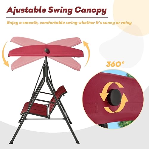 Miniatura 3 de Columpio de patio de 2 asientos, columpio al aire libre con respaldo de textileno, toldo ajustable para patio trasero, porche, jardín, asiento de