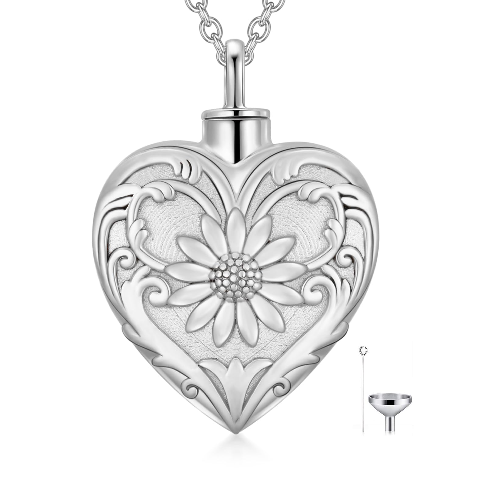 SOULMEET White Gold Filled Sunflower Cremation Jewelry for Ashes Heart Sunflower Urn Necklace that Holds Human Dog Ashes