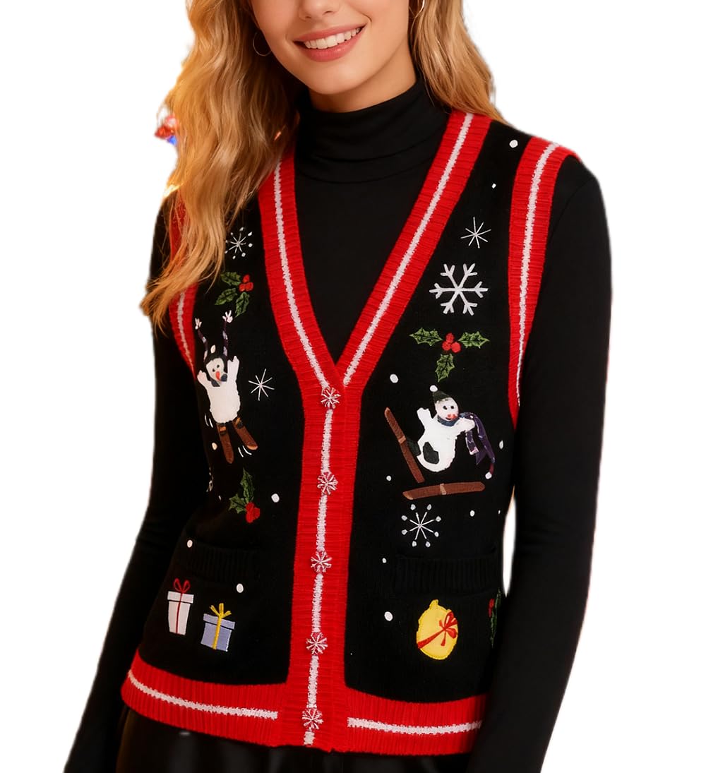 Women Christmas Knit Vest Button Down V Neck Sweater Vest Sequin Embroidered Sleeveless Cardigan Xmas Clothes