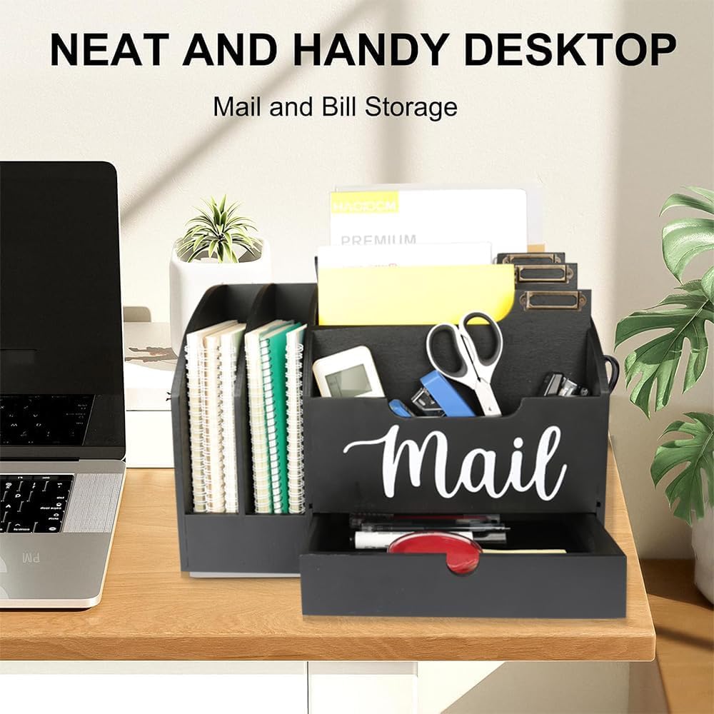 Wood Desktop Mail Organizer, Fantasyon Mail Organizer Countertop with 6 Compartments and Drawer, Wood Desk Drawer Organizer for File Letter Paper Folder, Black
