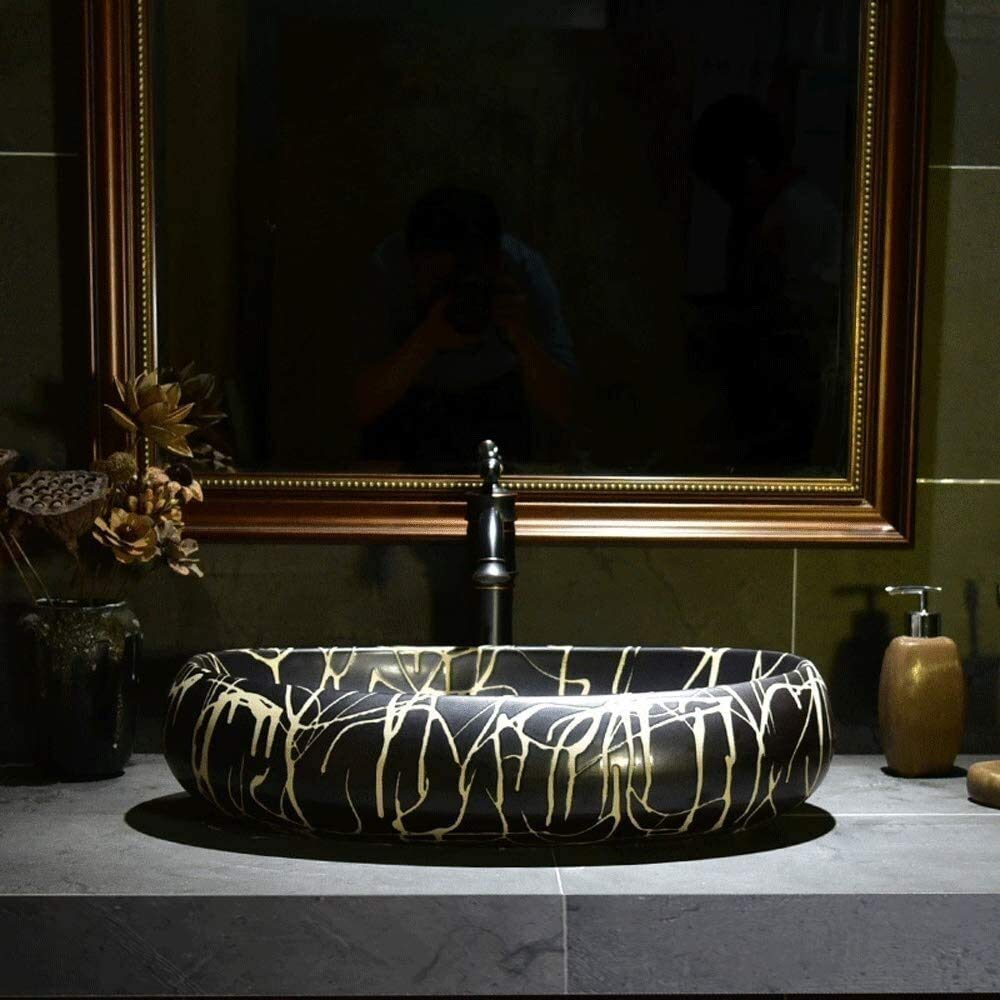 Szafka Pod Umywalkę Z Umywalką, Umywalka Nablatowa, Czarna Umywalka Nablatowa 21 X 14 Cali, Europejska, Zabytkowa, Owalna, Porcelanowa, Ceramiczna Umywalka Nablatowa