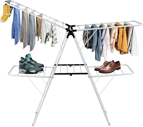 COSTWAY Tendedero de secado de ropa, plegable de 2 niveles con alas ajustables en altura, 33 rieles de secado y clips para calcetines, estante de