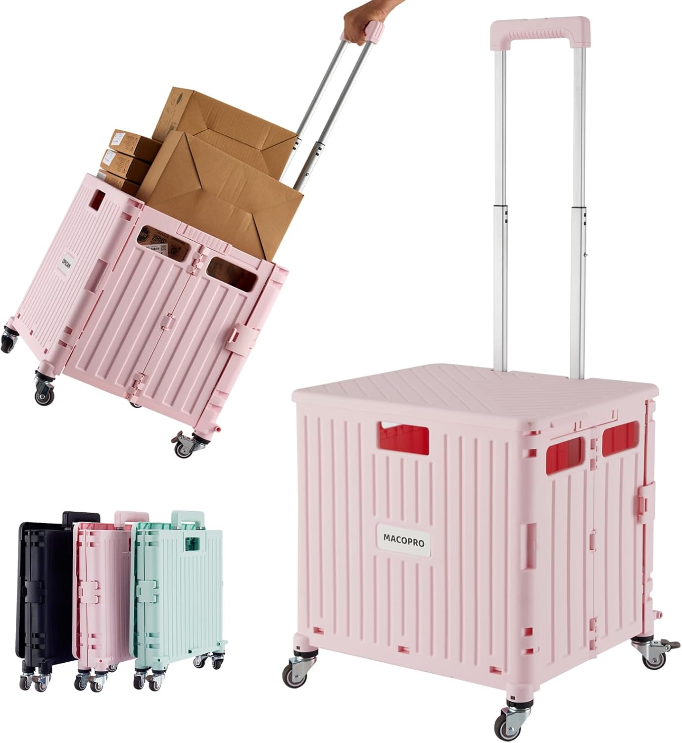 Folding Utility Cart Portable Rolling Crate Handcart Shopping Trolley Collapsible Tool Box, with Lid, Basket on 4 Rotate Wheels, for Grocery, Shopping, Office, Teacher (Pink)