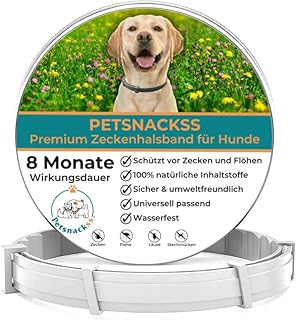 Zeckenhalsband für Hunde - 100% Natürliche Inhaltsstoffe - bis zu 8 Monate wirksamer Schutz gegen Zecken, Flöhe und Läuse - Universell passend (1er Pack)