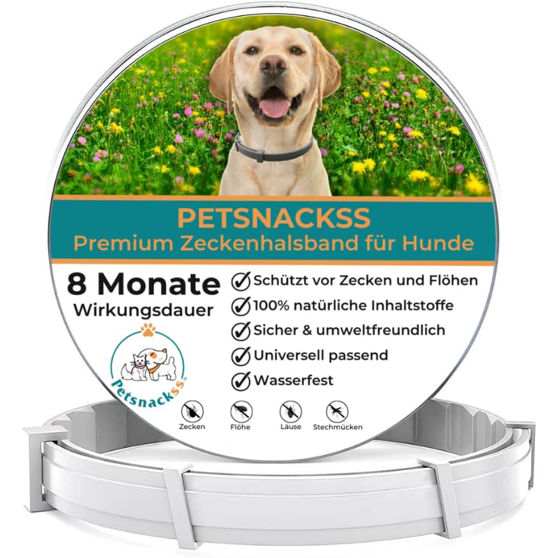Zeckenhalsband für Hunde - 100% Natürliche Inhaltsstoffe - bis zu 8 Monate wirksamer Schutz gegen Zecken, Flöhe und Läuse - Universell passend (1er Pack)