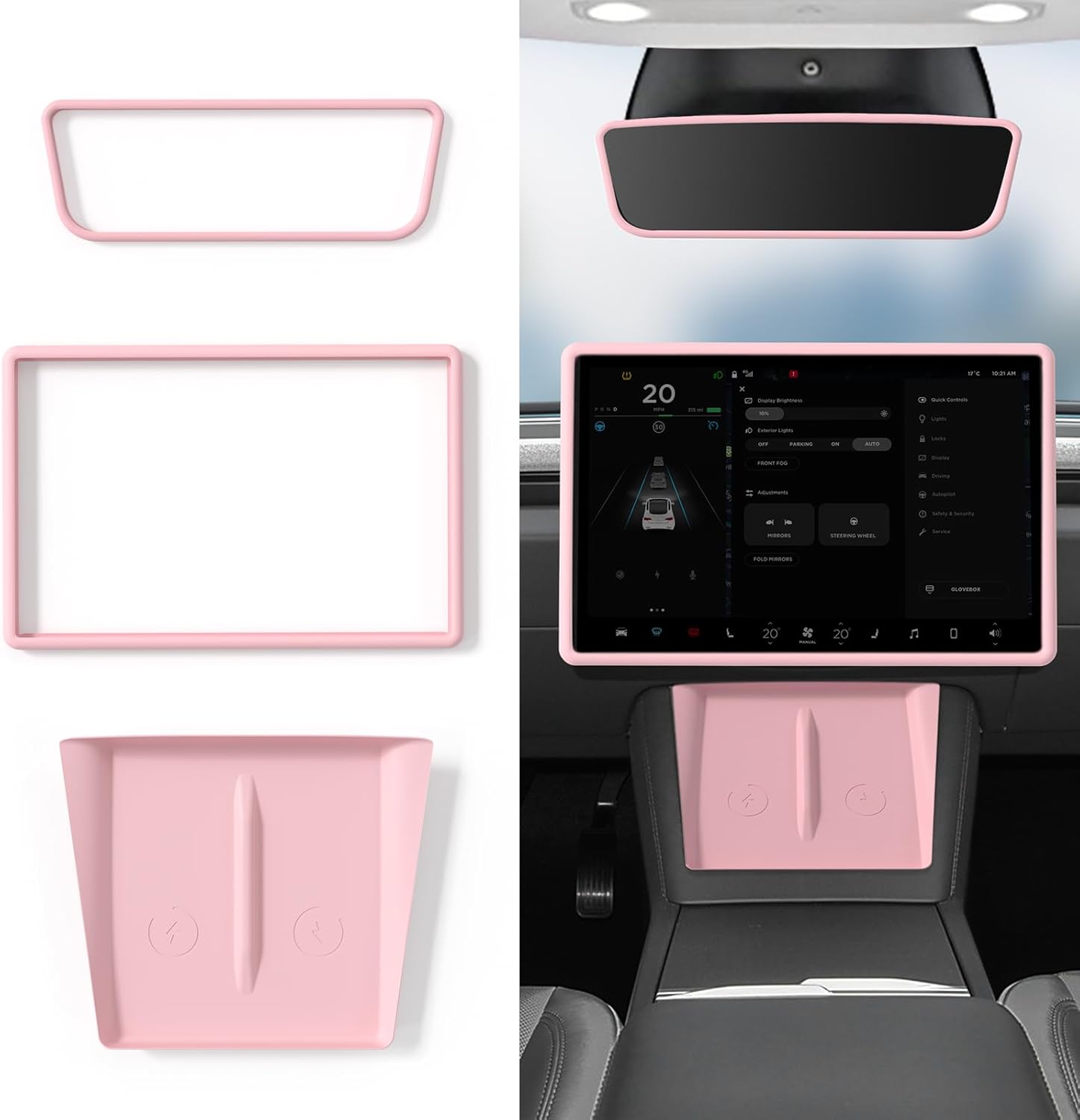 Farmogo Protector Trim Frame for 15.4'' Tesla Model Y & Model 3 Highland 2024-2026 Accessories with Wireless Silicone Charging Mat Screen Edge & Rearview Mirror Protector Frame (3 PCS Pink)