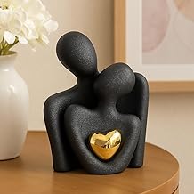 8.5 CM Height Ceramic Couple Figurine with Golden Heart – Abstract Romantic Sculpture Showpiece for Home Decor, Home Decoration Items for Living Room, for Couple (Black)
