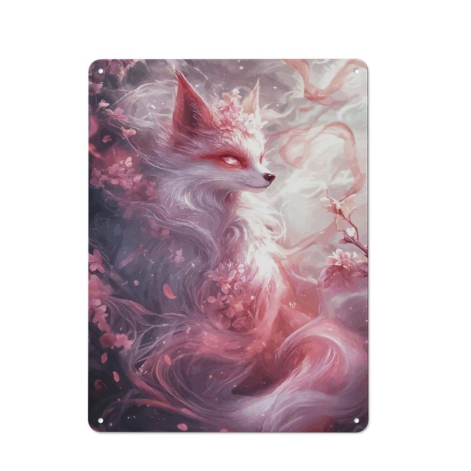 Junmoney Style-9 Metal Plaque With Mystical Fox With Cherry Blossoms Design 40X30cm, Country Style Cafe Wall Decor For Bakery, Diner, Cafe Or Family Room
