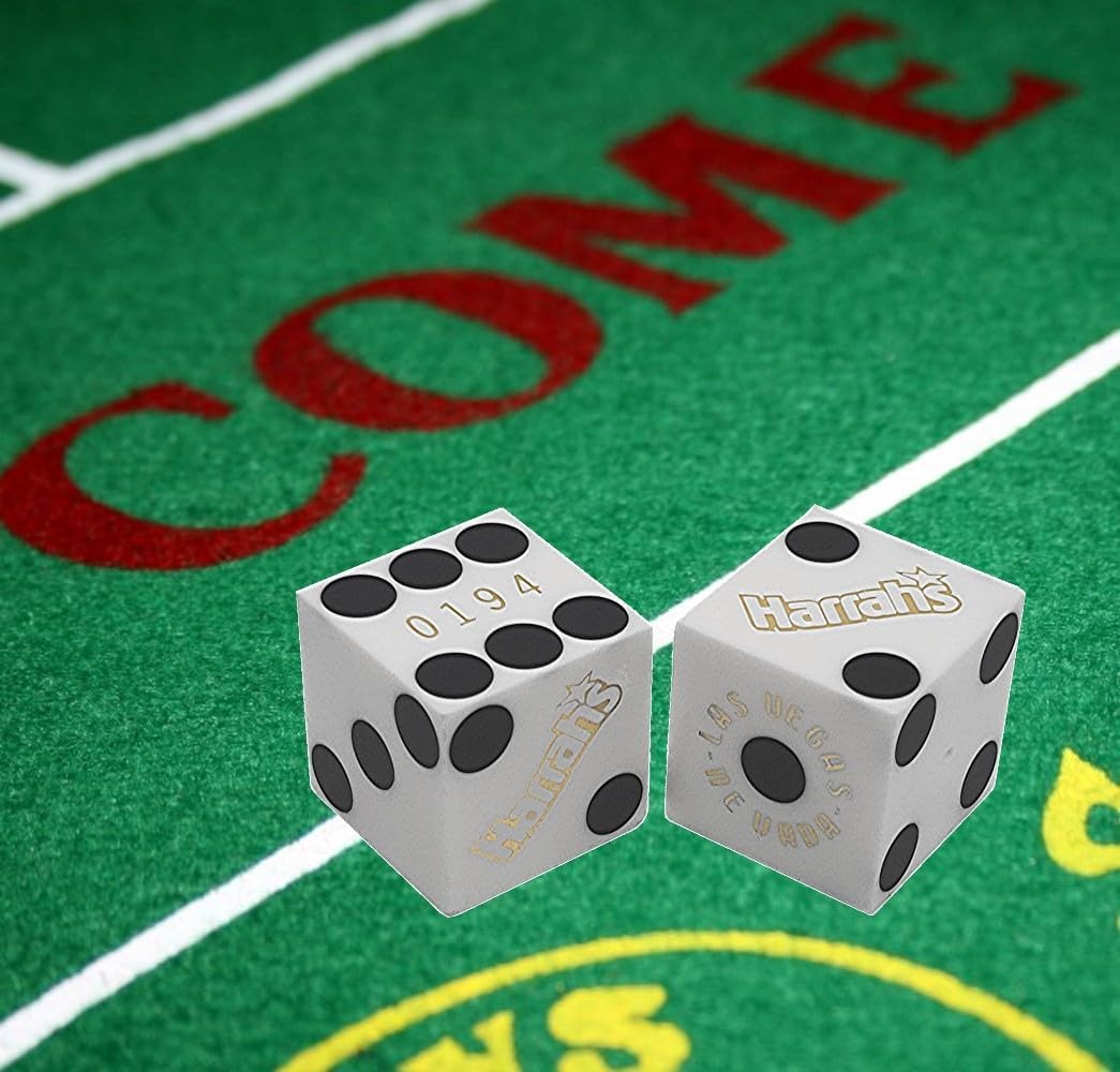 Harrah's Las Vegas Casino Table-Played 19mm Craps Dice White Opaque with Pouch (2 Dice Pair, Matching Serial #s)