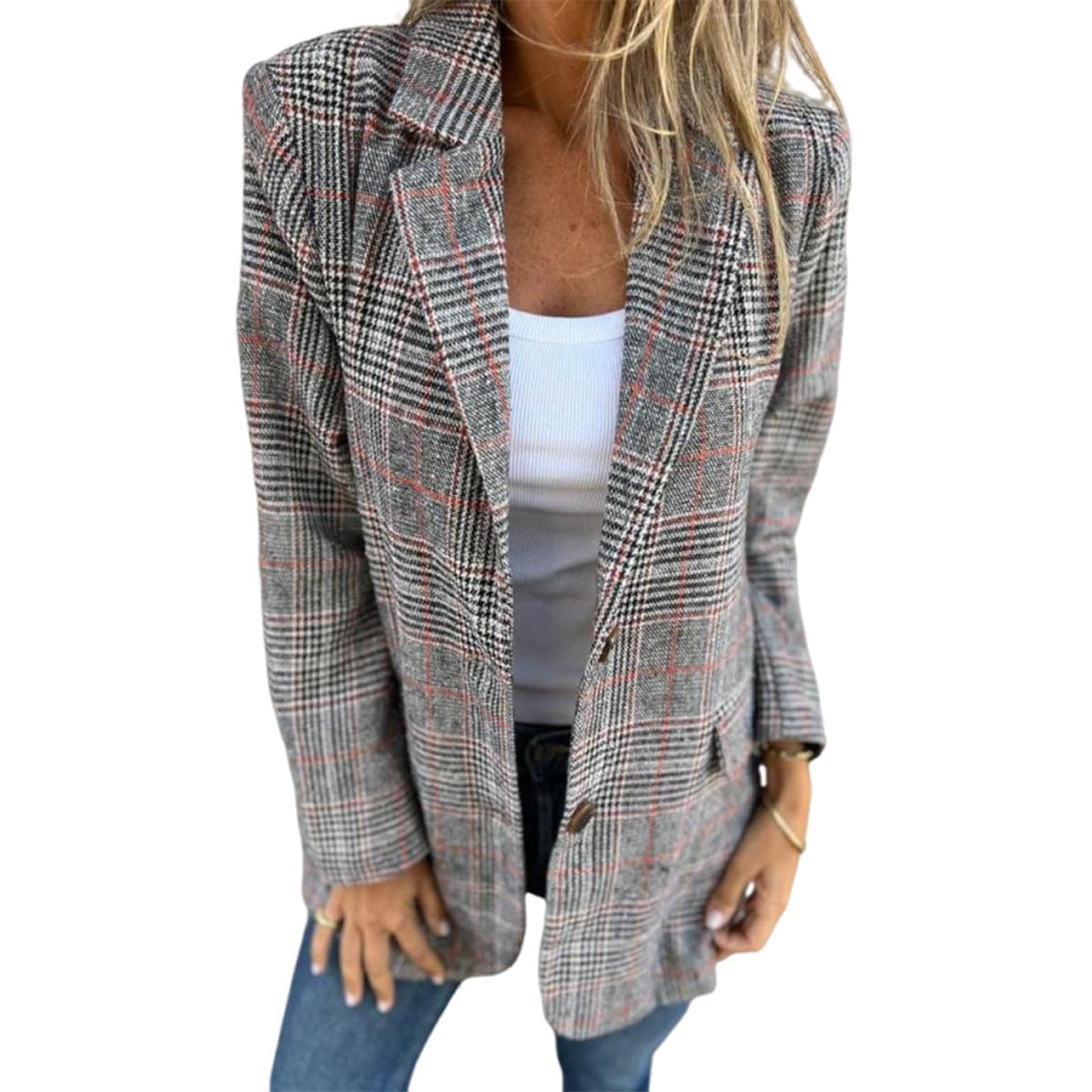 Relaxed Blazer with Center Lapel Womens Business Casual Open Front Lapel Plaid Blaze with Pockets