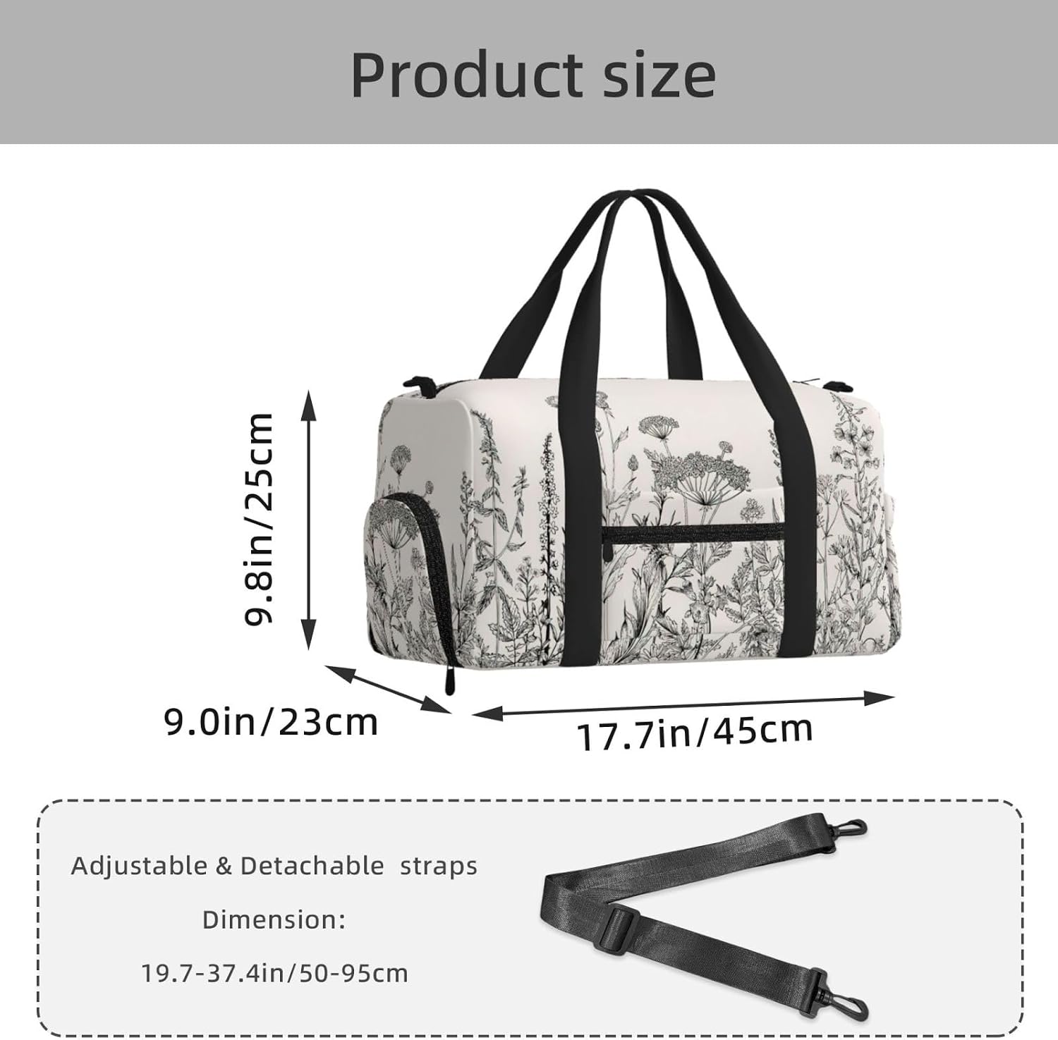 Floral Herbs Botanical Engraving Print Handheld Sports Luggage Unisex Crossbody Bag Travel Weekend Fitness Workout image 3