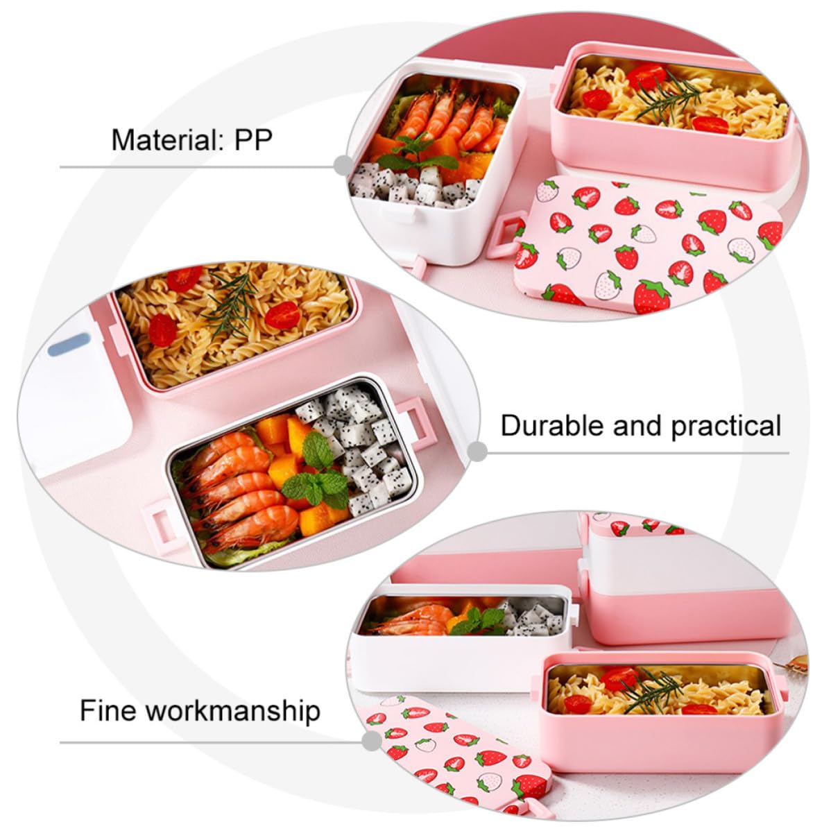 Caja Bento Portátil y Apta para Microondas, Adecuado para Oficina de 2 Niveles Diseño de Fresa, Resistente a Derrames y Cocina en Casa