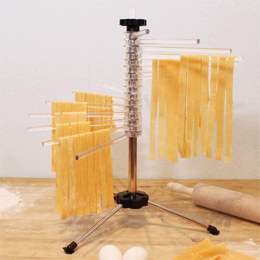 Tebery Secador de fideos para hasta 2,5 kg de pasta, 16 peldaños extensibles, barra de transporte integrada, plegable, secador de espaguetis