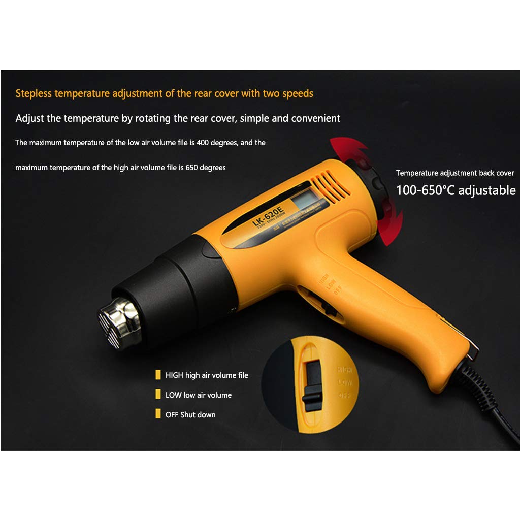 Pistolet Thermique Industriel 2000W, Pistolet Thermique avec écran LCD numérique, température Variable (400 ℃ -650 ℃)