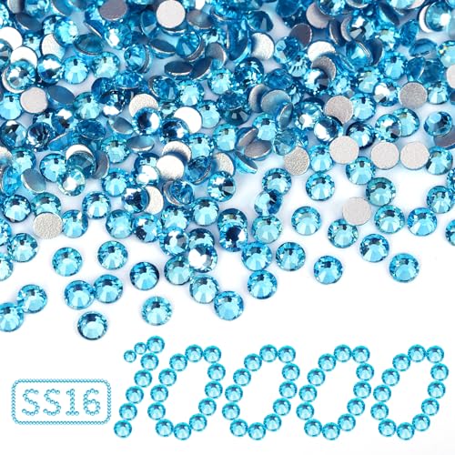 Image of 10000PCS Aquamarine Rhinestones Bulk, Flat Back Crystal Glass Stone Round Gems,SS16, 3.8-4.0mm