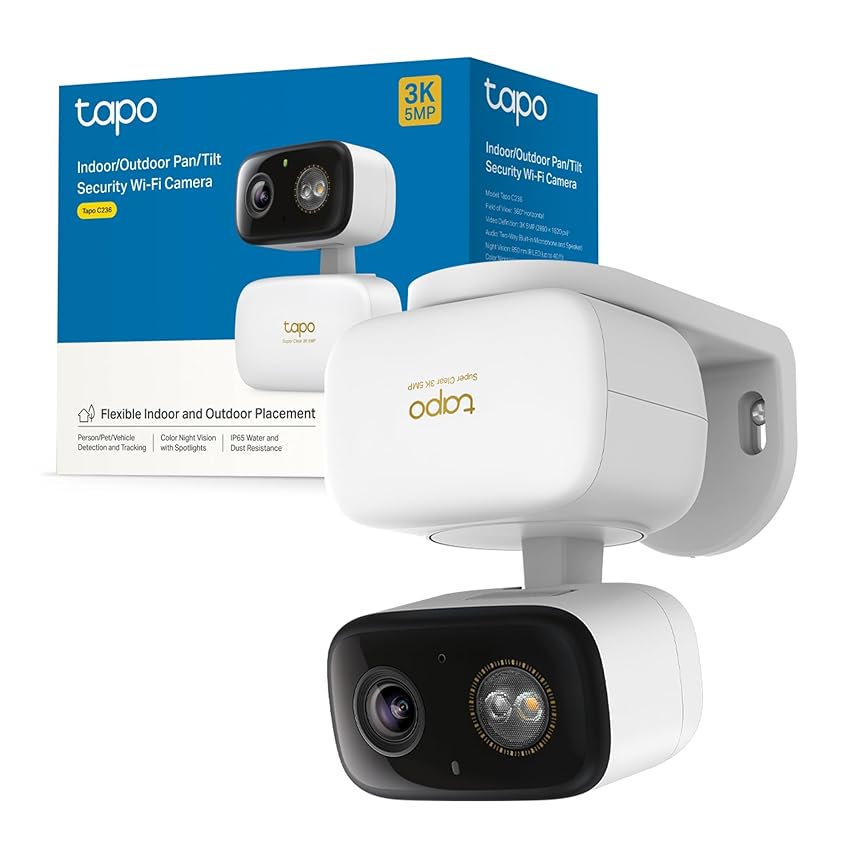 Tapo C236 Telecamera WiFi Esterno/Interno 3K 5MP, Pan/Tilt, Visione Notturna a Colori, Notifiche AI Persone/Animali Domestici/Veicoli/Bimbi, Tracciamento Smart, IP65, Multi-Installzioni, Audio a 2 Vie