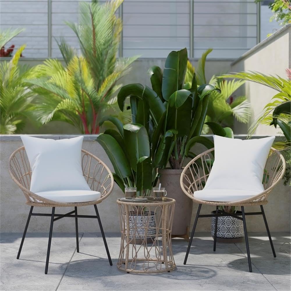 Pemberly Row Rattan Rope Bistro Set, Tan/Gray Finish, 3-Piece Set, Glass Top Table, Weather-Resistant with Cushioned Round Chairs, Boho Style Indoor/Outdoor Furniture for Patio or Sunroom