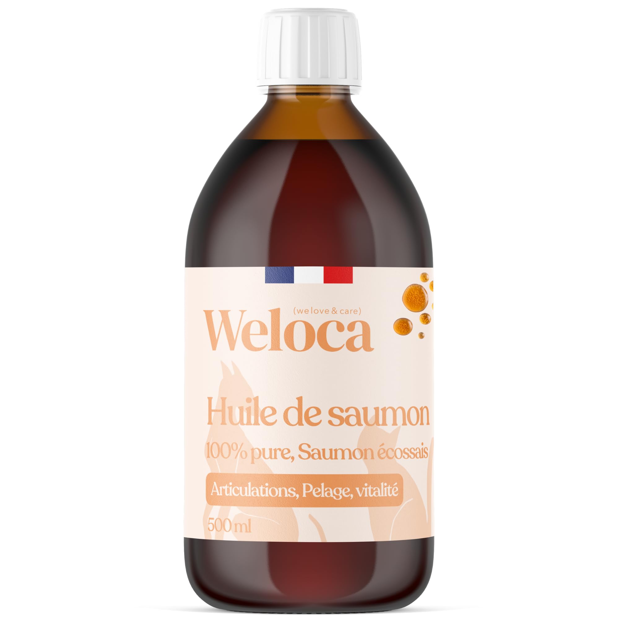 Huile de Saumon pour Chien et Chat | Marque française | Saumon Premium écossais | Riche en oméga 3 6 9 | 100% Naturel | Pressée à Froid et Pure | Complément Alimentaire Chien | 500 ML