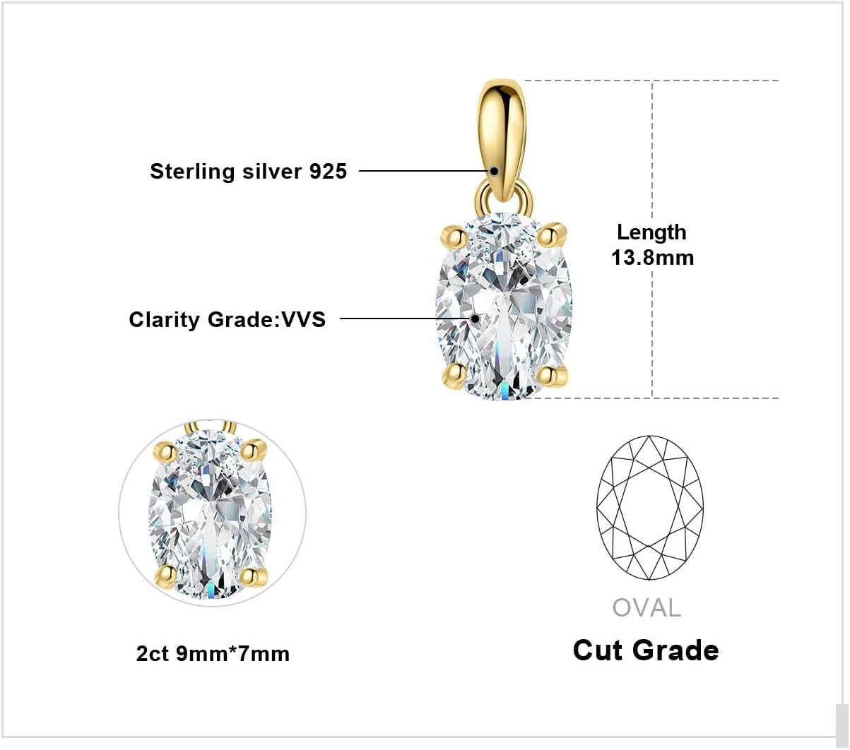 JewelryPalace Oval Cut 1ct 2ct Cubic Zirconia Solitaire Pendant Necklace for Women, 925 Sterling Silver Necklaces for Her, Classic Simulated Diamond Jewelry Set Gift, 18 Inches Chain - Image 2