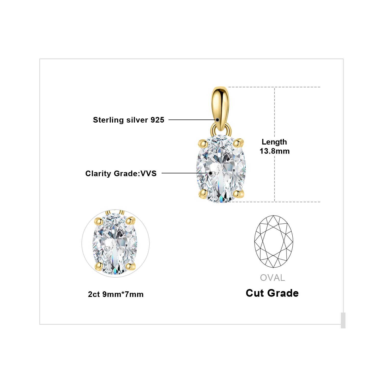 JewelryPalace owalny 1ct 2ct Moissanite łańcuszek wisiorek, naszyjnik damski srebro 925, biżuteria dziewczyny kobiety różowe złoto złoto 45CM
