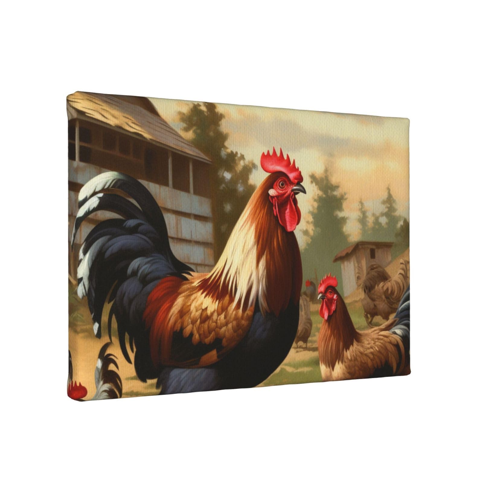 YKLJG Farm Print Chicken And Rooster Printed Wall Art Canvas Painting 30x20 CM Wooden Framed Picture Painting Artwork Prints for Bedroom Kitchen Home Office Decor