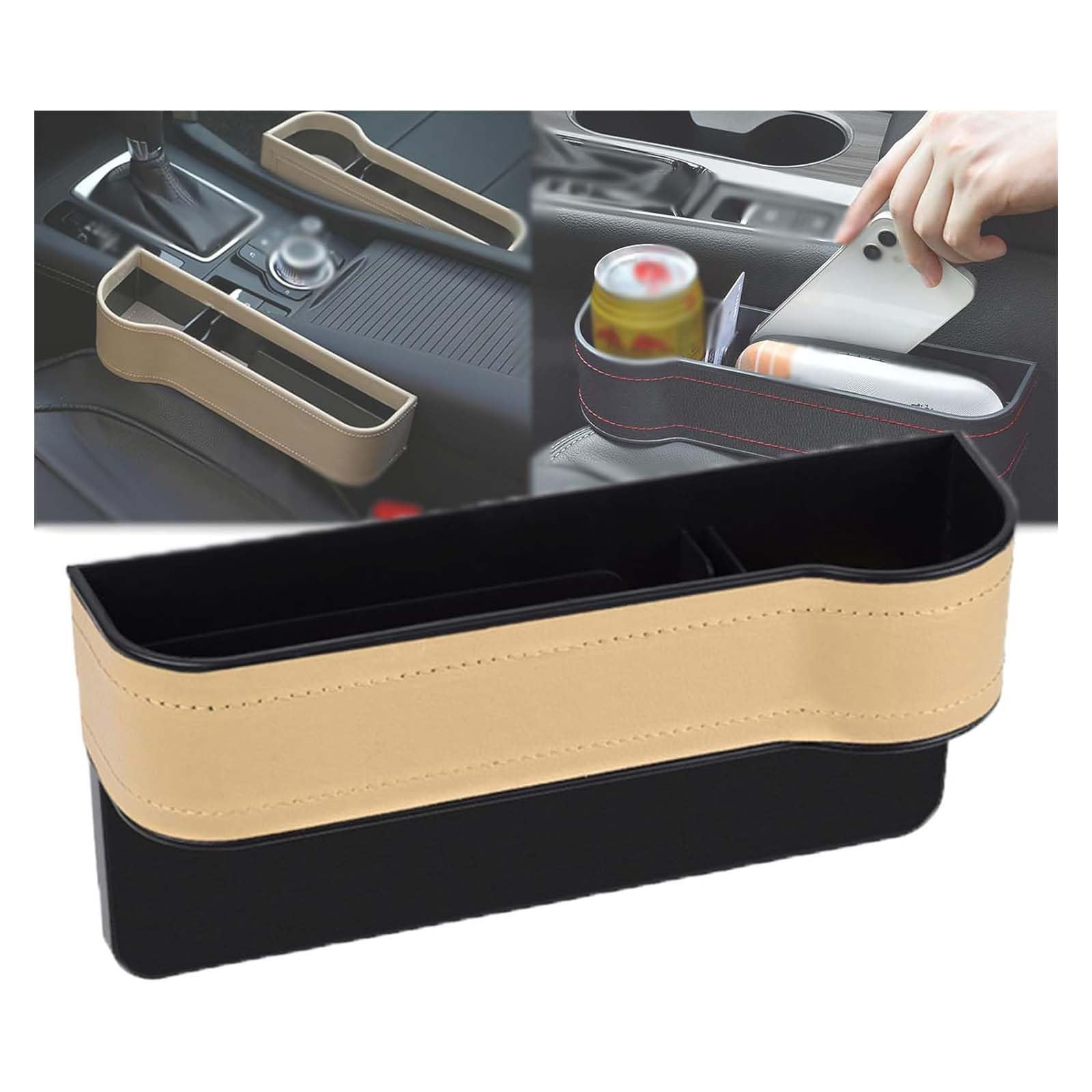 Godemmio Deliberatek Leather Multifunctional Car Seat Organizer, Presencte Leather Multifunctional Car Seat Organizer, Leather Car Seat Organizer Black, Universal Gap Storage Box (Beige, main driver)