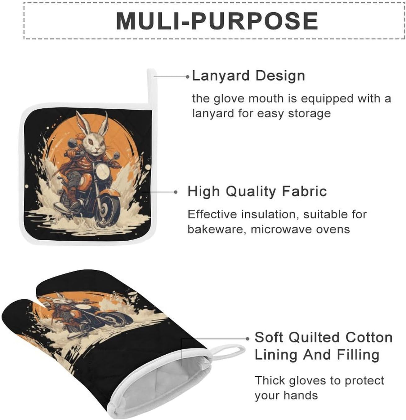 Rabbit Motorcycle 4 Pcs Oven Mitts and Pot Holders Set High Heat Resistant Long Kitchen Oven Glove Potholders