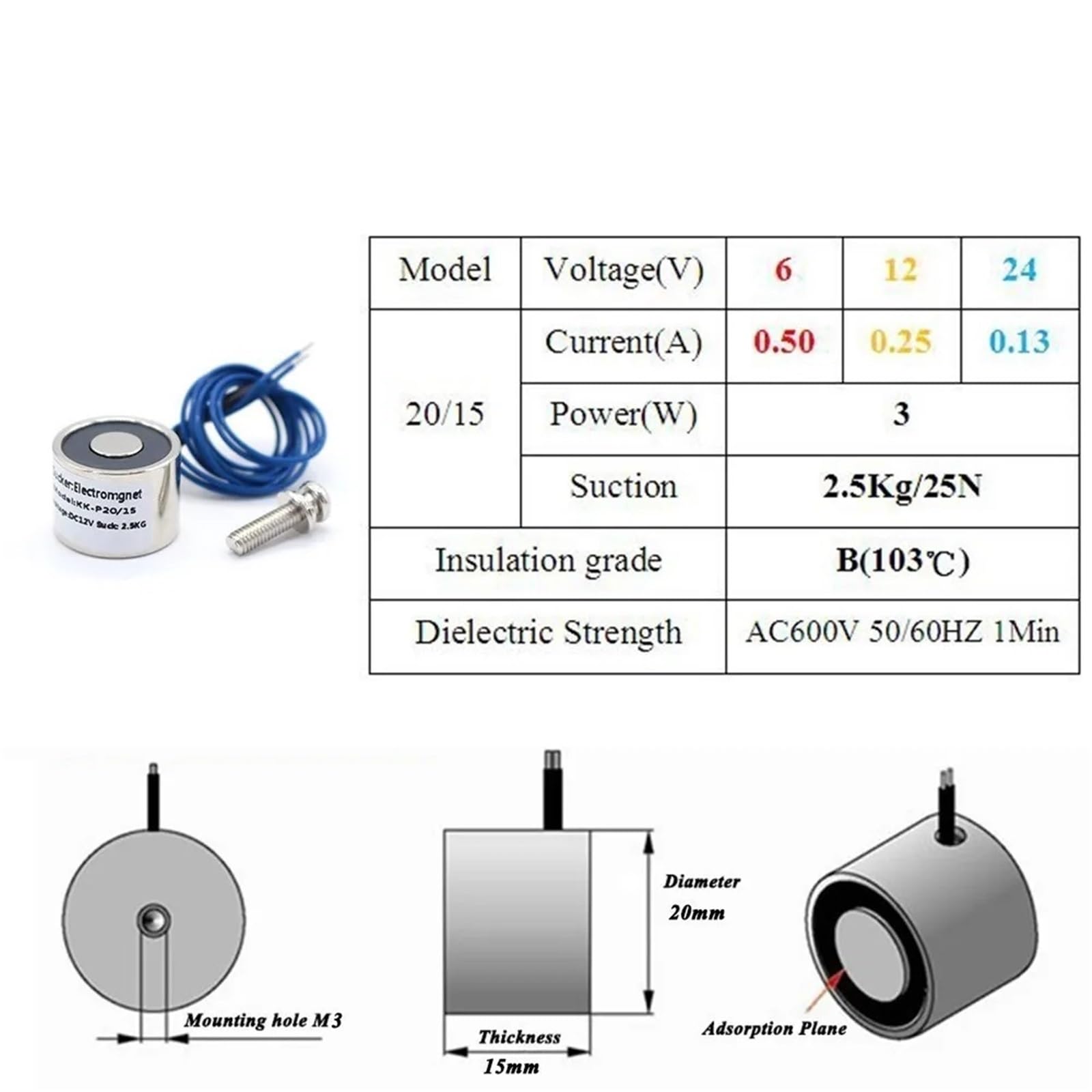 Elettromagnete 20/15 a aspirazione 2,5 kg 25 N, solenoide 12 V, elettromagnete 24 V, bobina 6 V, 1 pezzo(24V normale)