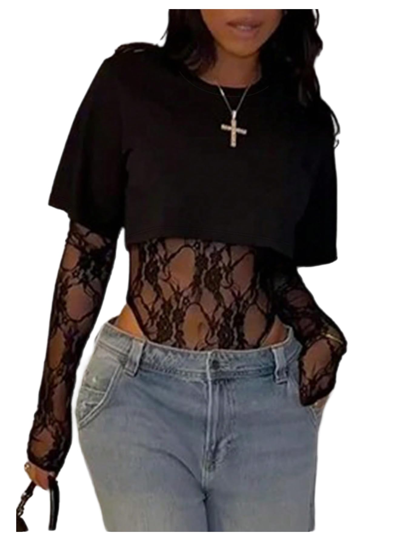 Photo 1 of Milumia Women's Lace Bodysuit Y2K Pathwork See Through 2 in 1 Going Out Cropped Tee Tops Club Night Out Outfit Streetwear Black Medium