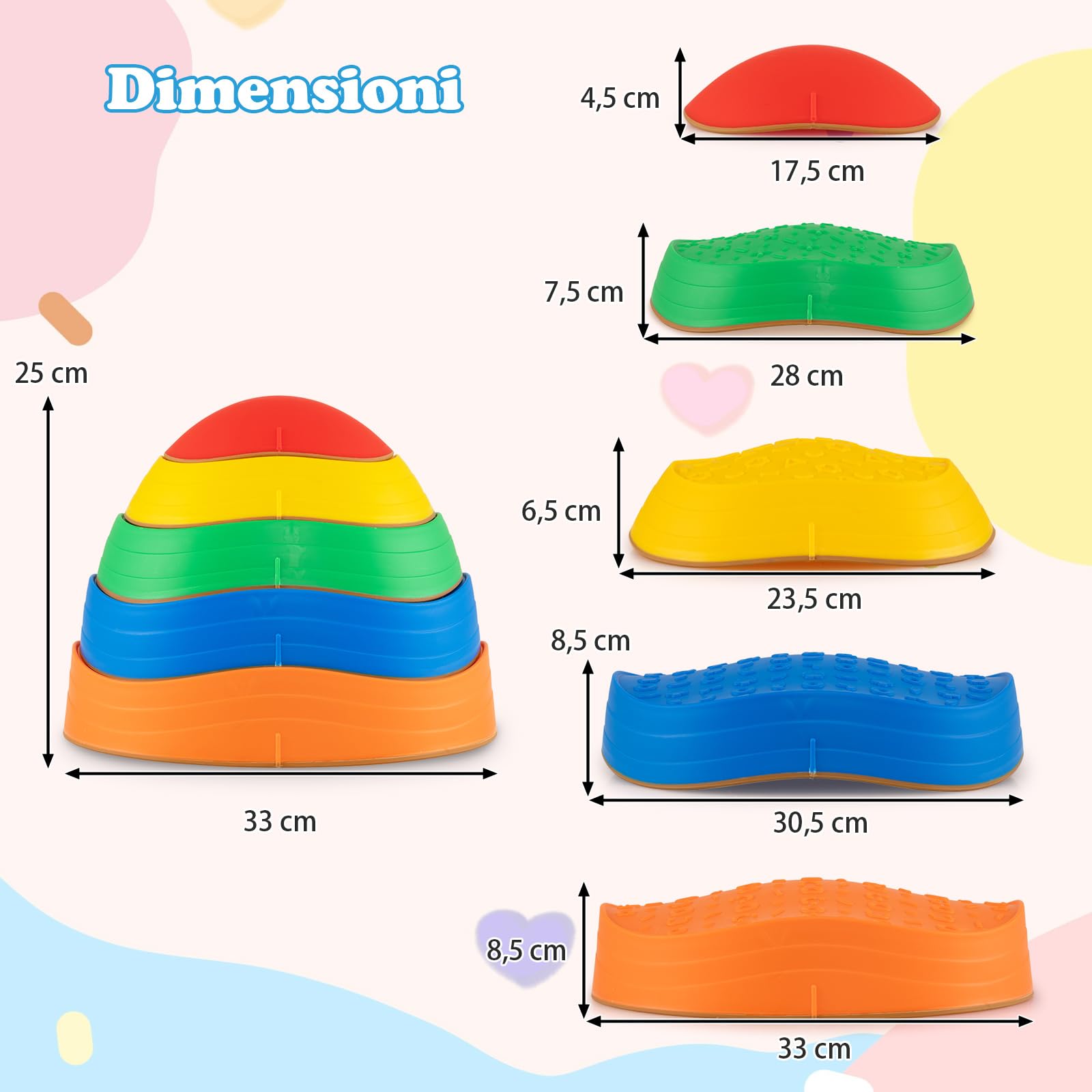 COSTWAY Pietre Equilibrio Bambini, Set di 5 Pietre di Bilanciamento Antiscivolo con Borsa per Trasporto per Abilità Motorie e Giochi di Coordinazione, Giocattoli Sensoriali per 3+ Anni