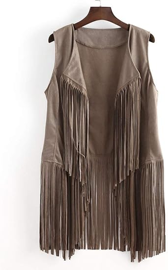 WUAI-Women Tassels Fringe Sleeveless Vest Faux Suede Vest Open Front Cardigan Waistcoat Jacket